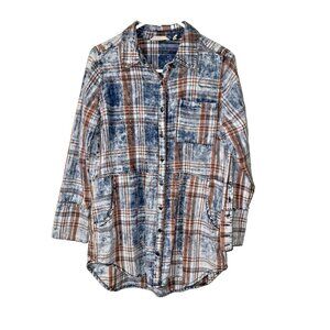 Soft Surroundings Flannel Plaid Button Up Blouse Long Sleeve Size Small